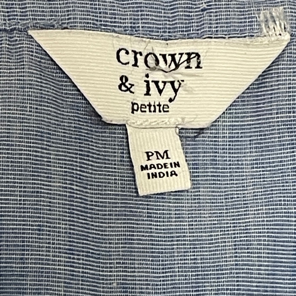 Crown & Ivy Petite Medium Blue Cotton Embroidered Fringe Boho Peasant Blouse Top - Picture 3 of 9